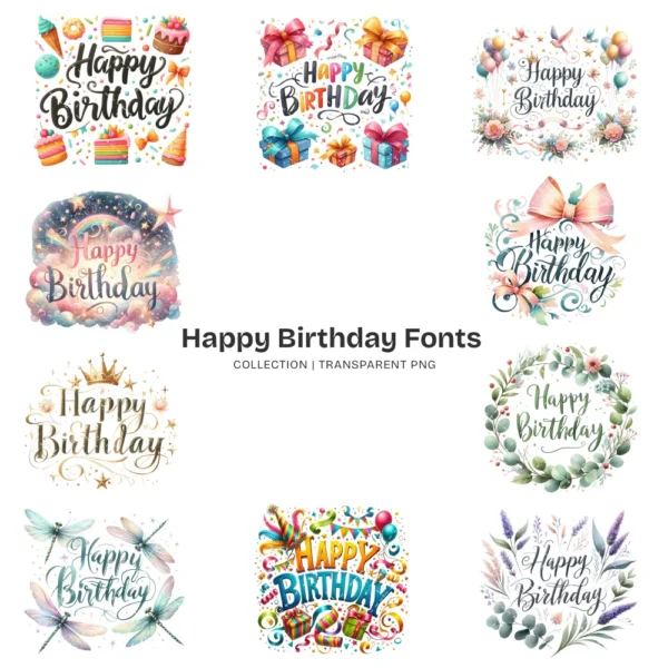 Happy Birthday Fonts PNG Clipart Collection - 200 PNG, Party Typography Graphics, Celebration Printables, Commercial use, Digital download