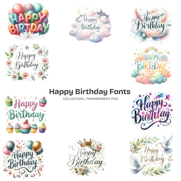 Happy Birthday Fonts PNG Clipart Collection - 200 PNG, Party Typography Graphics, Celebration Printables, Commercial use, Digital download