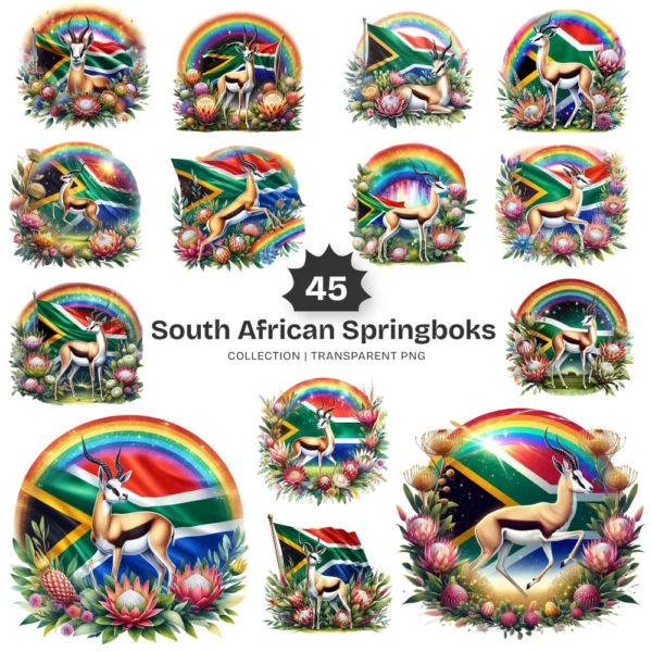South African Springboks PNG Clipart Collection - 45 PNG, Protea Flower Graphics, Wildlife Printable, Commercial use, Digital download