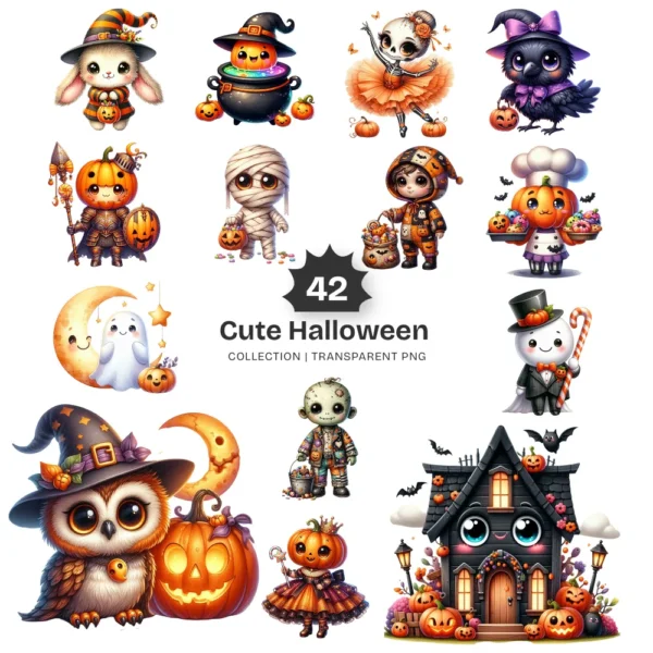 Cute Halloween PNG Clipart Collection - 42 PNG, Adorable Spooky Graphics, Friendly Ghost Printable, Commercial use, Digital download