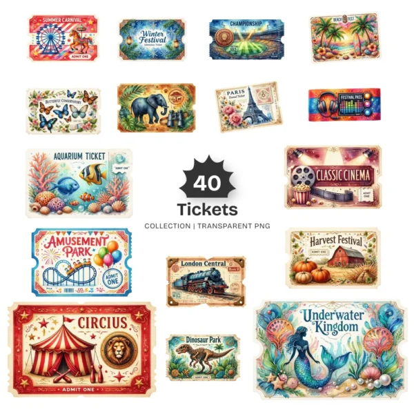 Tickets PNG Clipart Collection - 40 PNG, Event Pass Graphics, Party Ticket, Festival Movie Printable, Commercial use, Digital download