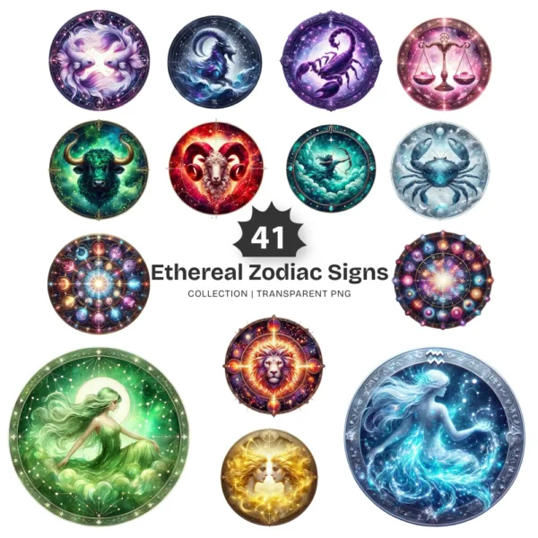 Ethereal Zodiac Signs PNG Clipart Collection - 41 PNG, Astrology Graphics, Mystical art Printable, Commercial use, Digital download