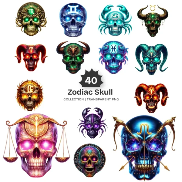 Zodiac Skull PNG Clipart Collection - 40 PNG, Gothic Astrology Graphics, Mystical Décor, Fantasy Printables, Commercial use,Digital download