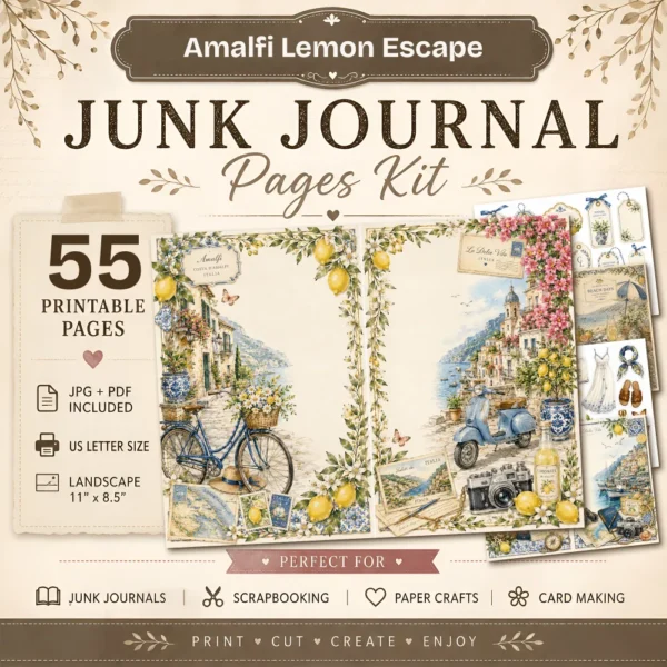 Amalfi Lemon Escape Junk Journal Pages - Summer Travel Ephemera, Mediterranean Coast, Italian Beach, Vintage Ephemera, Digital Download