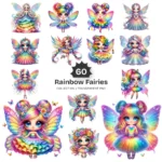 Rainbow Fairies PNG Clipart Collection - 60 PNG, Ethereal Fairies Graphics, Colorful Flowers Printable, Commercial use, Digital download
