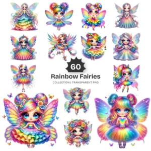 Rainbow Fairies PNG Clipart Collection - 60 PNG, Ethereal Fairies Graphics, Colorful Flowers Printable, Commercial use, Digital download