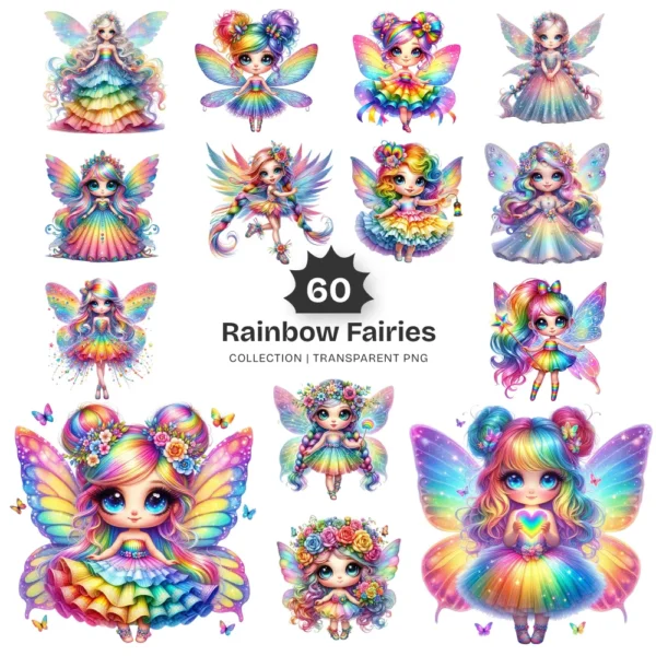 Rainbow Fairies PNG Clipart Collection - 60 PNG, Ethereal Fairies Graphics, Colorful Flowers Printable, Commercial use, Digital download