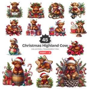 Christmas Highland Cow (P-2) PNG Clipart Collection - 45 PNG, Festive Graphics, Xmas Animals Printables, Commercial use, Digital download