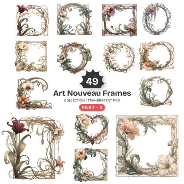 Art Nouveau Frames (P-2) PNG Clipart Collection - 49 PNG, Chinoiserie Graphics, Baroque, Autumn Frames Printables, Commercial use, Digital download