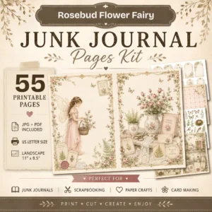 Rosebud Flower Fairy Junk Journal Kit - Vintage Garden Ephemera, Floral Fairy, Botanical, Tags, Pockets, Cards, Ephemera, Digital Download