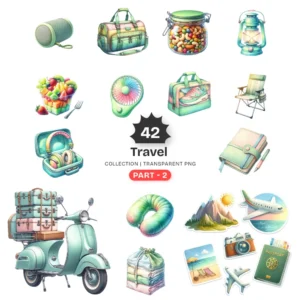 Travel (P-2) PNG Clipart Collection - 42 PNG, Vintage Adventure Graphics, Vacation Art, Vibrant Holiday Printable, Commercial use, Digital download