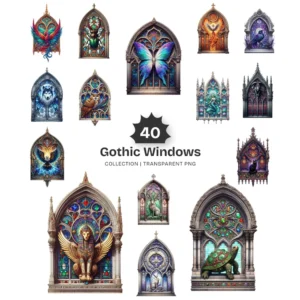 Gothic Windows PNG Clipart Collection - 40 PNG, Medieval Graphics, Ornate Tracery, Haunted Printable, Commercial use, Digital download