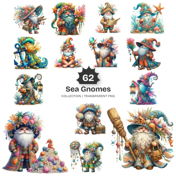 Sea Gnomes PNG Clipart Collection - 62 PNG, Whimsical Graphics, Nautical Gnome, Tropical Printable, Commercial use, Digital download