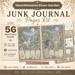 Moon Blossom Elven Garden Junk Journal Pages - Magical Forest Ephemera, Whimsical Foliage, Butterflies, Fantasy Ephemera, Digital Download