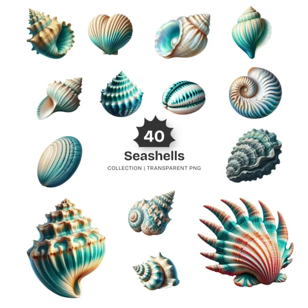 Seashells PNG Clipart Collection - 40 PNG, Ocean Beach Shell Graphics, Seaside Element, Nautical Printable, Commercial use, Digital download