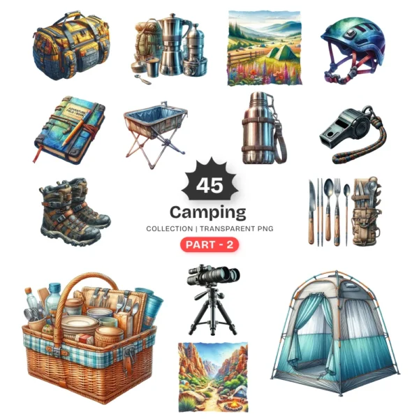 Camping (P-2) PNG Clipart Collection - 45 PNG, Outdoor Adventure Graphics, Campfire, Summer Camping Printable, Commercial use, Digital download