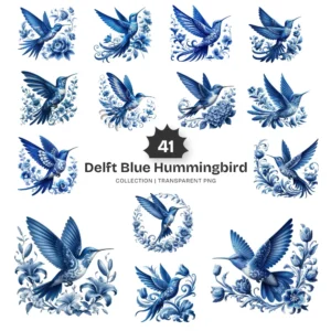 Delft Blue Hummingbird PNG Clipart Collection - 41 PNG, Mediterranean Tile Graphics, Flying Bird Printable, Commercial use, Digital download