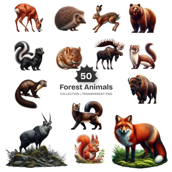 Forest Animals PNG Clipart Collection - 50 PNG, Rustic Wildlife Graphics, Forest Creatures Printable, Commercial use, Digital download