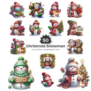 Christmas Snowman PNG Clipart Collection - 50 PNG, Festive Winter Graphics, Red & Green, Frosty Printable, Commercial use, Digital download