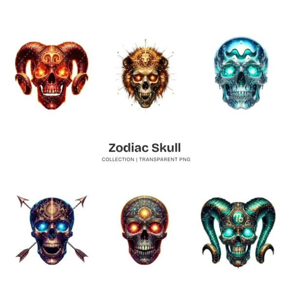 Zodiac Skull PNG Clipart Collection - 40 PNG, Gothic Astrology Graphics, Mystical Décor, Fantasy Printables, Commercial use,Digital download