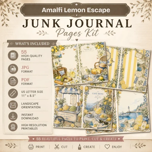 Amalfi Lemon Escape Junk Journal Pages - Summer Travel Ephemera, Mediterranean Coast, Italian Beach, Vintage Ephemera, Digital Download