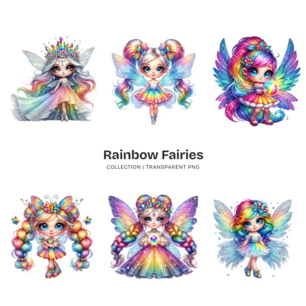 Rainbow Fairies PNG Clipart Collection - 60 PNG, Ethereal Fairies Graphics, Colorful Flowers Printable, Commercial use, Digital download
