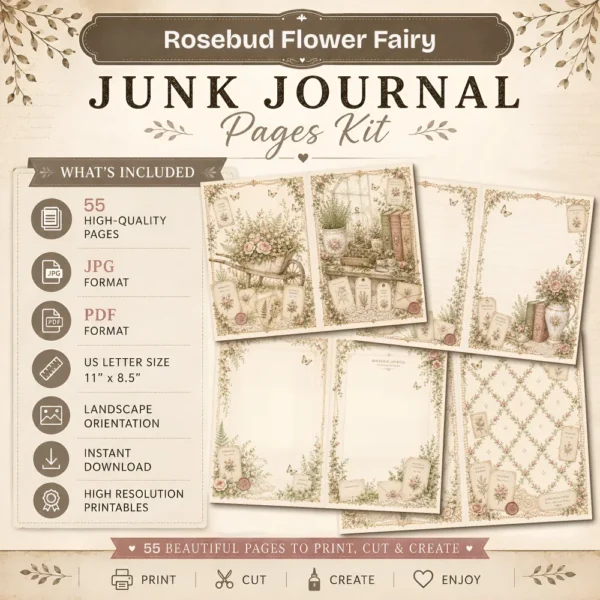 Rosebud Flower Fairy Junk Journal Kit - Vintage Garden Ephemera, Floral Fairy, Botanical, Tags, Pockets, Cards, Ephemera, Digital Download