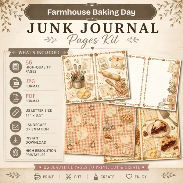 Farmhouse Baking Day Junk Journal Kit - Vintage Farmhouse Kitchen Ephemera, Gingham Recipe Book, Tags, Pockets, Ephemera, Digital Download
