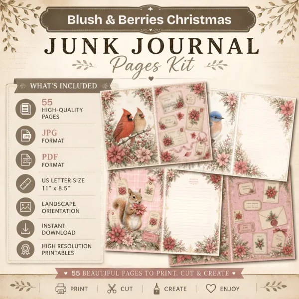 Blush & Berries Christmas Junk Journal Pages - Winter Ephemera, Pink Christmas, Frosty, Snowflakes , Festive Ephemera, Digital Download
