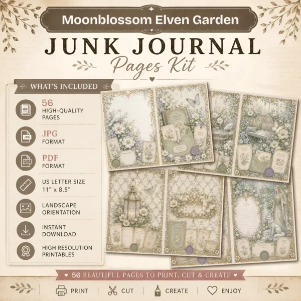 Moon Blossom Elven Garden Junk Journal Pages - Magical Forest Ephemera, Whimsical Foliage, Butterflies, Fantasy Ephemera, Digital Download