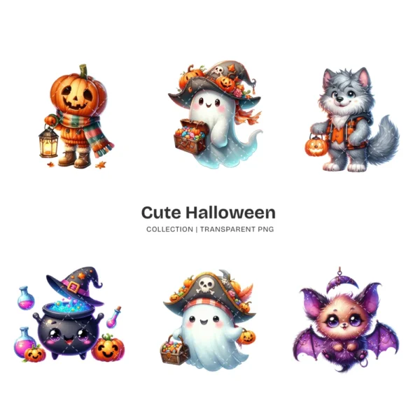 Cute Halloween PNG Clipart Collection - 42 PNG, Adorable Spooky Graphics, Friendly Ghost Printable, Commercial use, Digital download