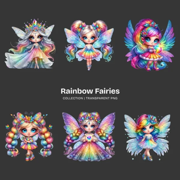 Rainbow Fairies PNG Clipart Collection - 60 PNG, Ethereal Fairies Graphics, Colorful Flowers Printable, Commercial use, Digital download