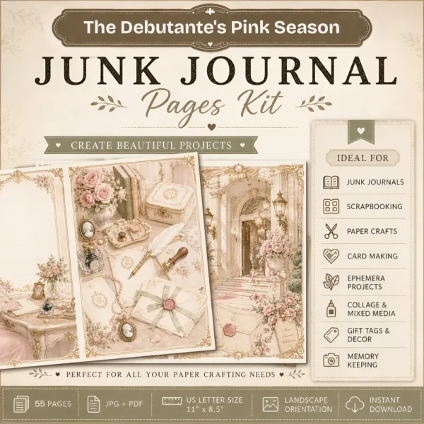 The Debutante's Pink Season Junk Journal Kit - Vintage Regency Romance Ephemera, Season of Hearts, Tags, Pockets, Ephemera, Digital Download