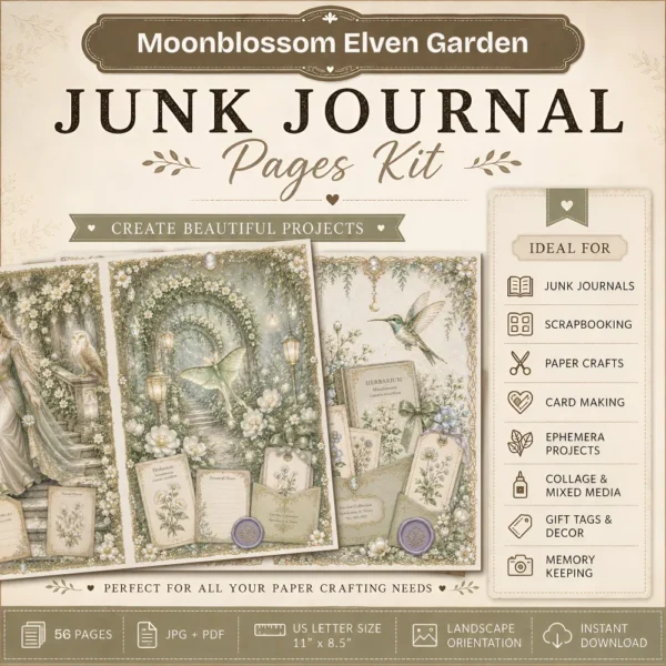 Moon Blossom Elven Garden Junk Journal Pages - Magical Forest Ephemera, Whimsical Foliage, Butterflies, Fantasy Ephemera, Digital Download