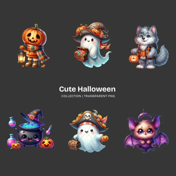 Cute Halloween PNG Clipart Collection - 42 PNG, Adorable Spooky Graphics, Friendly Ghost Printable, Commercial use, Digital download