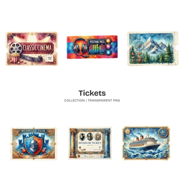 Tickets PNG Clipart Collection - 40 PNG, Event Pass Graphics, Party Ticket, Festival Movie Printable, Commercial use, Digital download