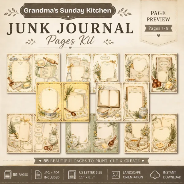 Grandmas Sunday Kitchen Junk Journal Pages - Cozy Vintage Kitchen Ephemera, Recipe Book, Bakers Pantry, Kitchen Ephemera, Digital Download