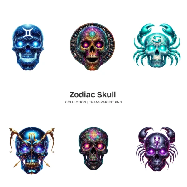 Zodiac Skull PNG Clipart Collection - 40 PNG, Gothic Astrology Graphics, Mystical Décor, Fantasy Printables, Commercial use,Digital download