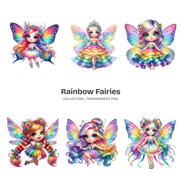 Rainbow Fairies PNG Clipart Collection - 60 PNG, Ethereal Fairies Graphics, Colorful Flowers Printable, Commercial use, Digital download
