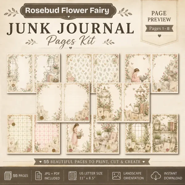 Rosebud Flower Fairy Junk Journal Kit - Vintage Garden Ephemera, Floral Fairy, Botanical, Tags, Pockets, Cards, Ephemera, Digital Download