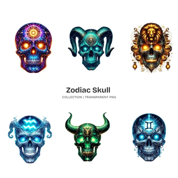 Zodiac Skull PNG Clipart Collection - 40 PNG, Gothic Astrology Graphics, Mystical Décor, Fantasy Printables, Commercial use,Digital download
