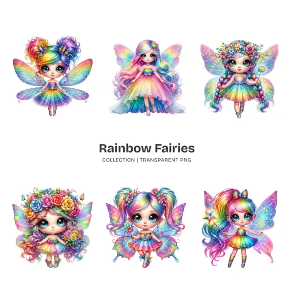 Rainbow Fairies PNG Clipart Collection - 60 PNG, Ethereal Fairies Graphics, Colorful Flowers Printable, Commercial use, Digital download