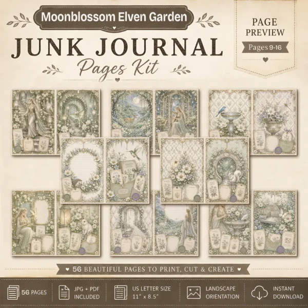Moon Blossom Elven Garden Junk Journal Pages - Magical Forest Ephemera, Whimsical Foliage, Butterflies, Fantasy Ephemera, Digital Download