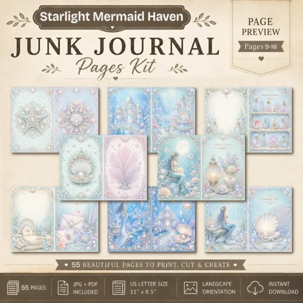 Whimsical Mermaid Junk Journal Pages - Ocean Ephemera, Under The Sea, Coral Reef, Starfish, Magical Ocean Ephemera, Digital Download