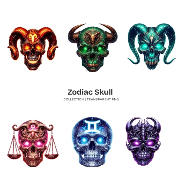 Zodiac Skull PNG Clipart Collection - 40 PNG, Gothic Astrology Graphics, Mystical Décor, Fantasy Printables, Commercial use,Digital download