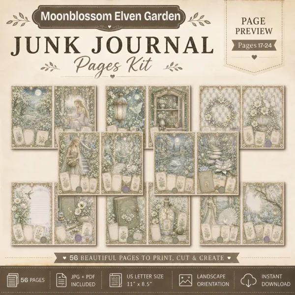 Moon Blossom Elven Garden Junk Journal Pages - Magical Forest Ephemera, Whimsical Foliage, Butterflies, Fantasy Ephemera, Digital Download