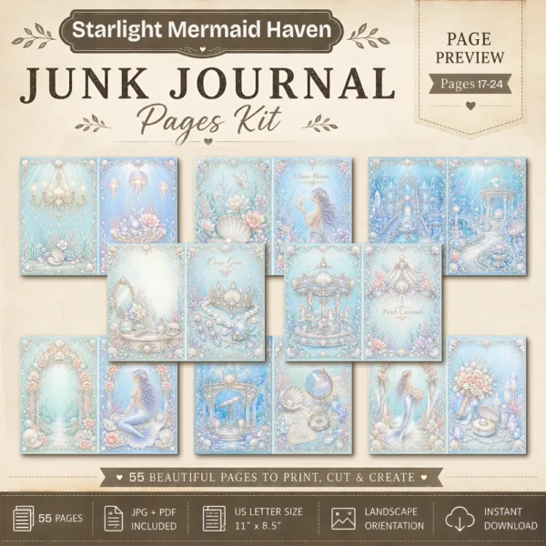 Whimsical Mermaid Junk Journal Pages - Ocean Ephemera, Under The Sea, Coral Reef, Starfish, Magical Ocean Ephemera, Digital Download