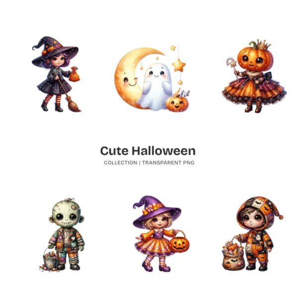 Cute Halloween PNG Clipart Collection - 42 PNG, Adorable Spooky Graphics, Friendly Ghost Printable, Commercial use, Digital download