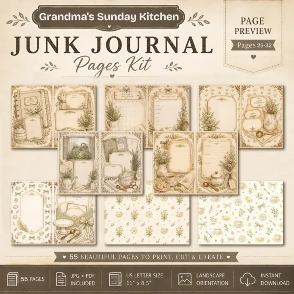 Grandmas Sunday Kitchen Junk Journal Pages - Cozy Vintage Kitchen Ephemera, Recipe Book, Bakers Pantry, Kitchen Ephemera, Digital Download