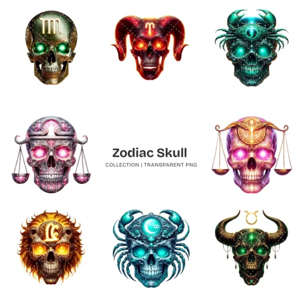 Zodiac Skull PNG Clipart Collection - 40 PNG, Gothic Astrology Graphics, Mystical Décor, Fantasy Printables, Commercial use,Digital download